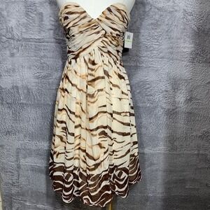Donna Morgan Silk Strapless Dress Womens 4 Brown Cream Tiger Print Ruched Ruched